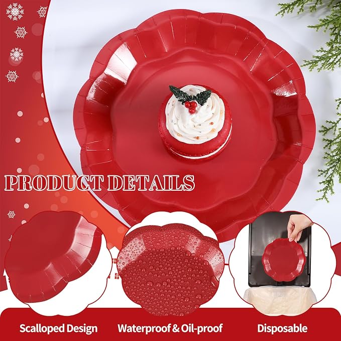 NatNarr 30 Pcs Red Paper Plates 7 Inch Scalloped Dessert Plates Cake Plate | - Image 3