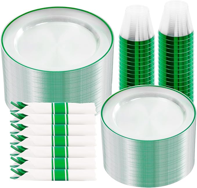 SUT 350 Pcs Green and Clear Plastic Dinnerware Set by SeeYouTomorrow