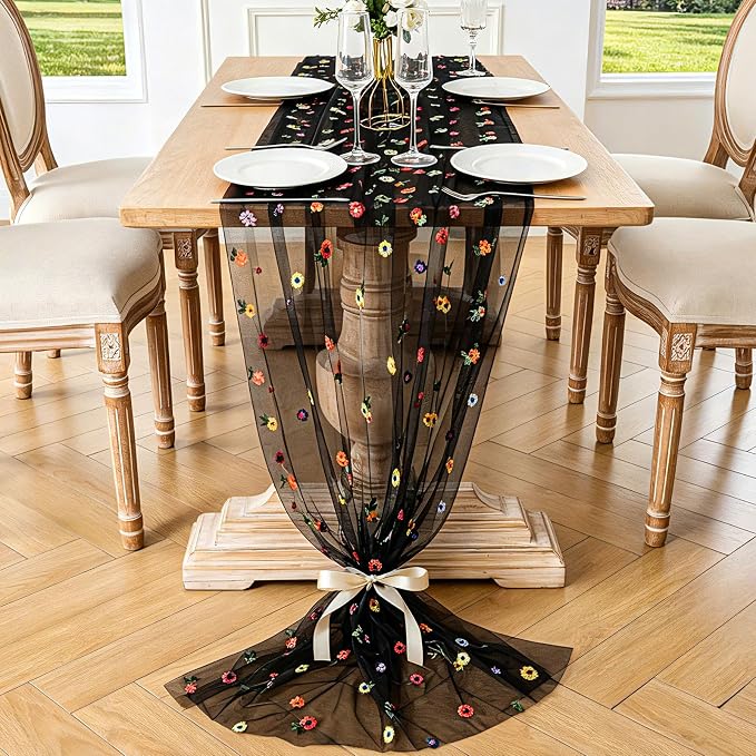 BINBE 3pcs Black Daisy Spring Table Runner Embroidery Gauze 10FT Florals - Image 2