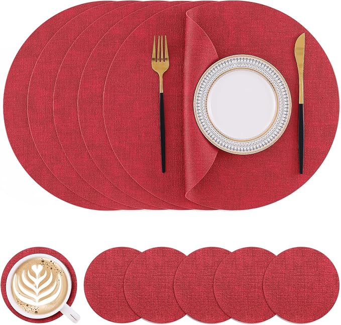 Homaxy Round Faux Leather Placemats and Coasters, Wipeable Place Mats, by Homaxy