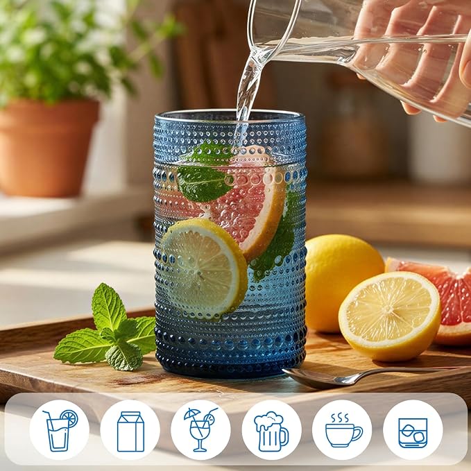 Moretoes Blue Hobnail Drinking Glasses Set of 6, Vintage Glass Cups | 12 Oz - Image 4