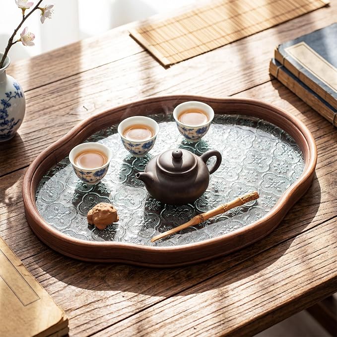 Glass Serving Tray with the Crabapple Pattern and Walnut Rectangular Serving - Image 5
