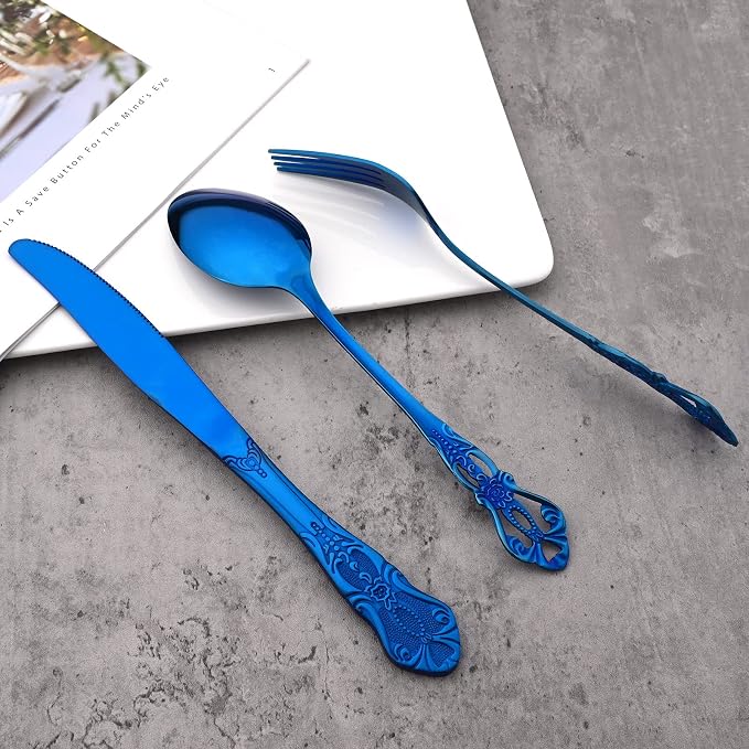 Mirror Polished Blue Silverware Set, 24-Piece 18/10 Stainless Steel Shiny - Image 3