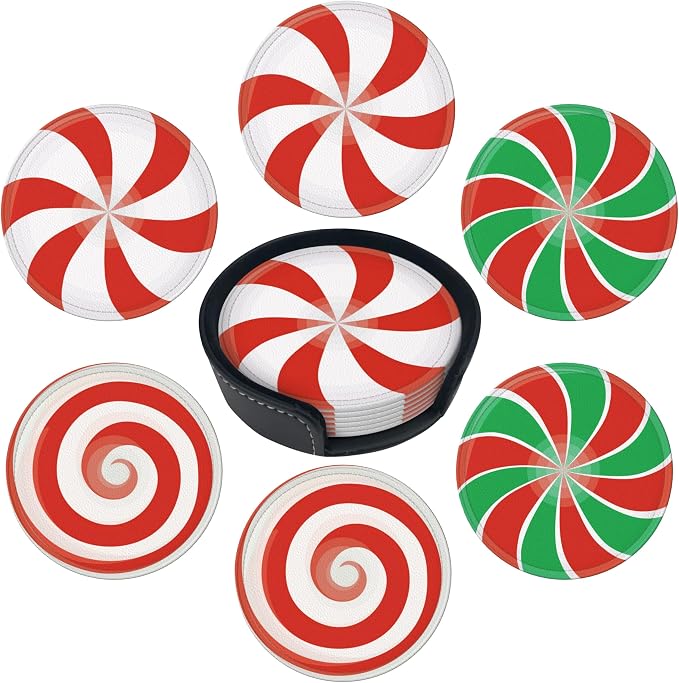 Christmas Candy Coasters Leather Round Drink Coasters 6 Pcs Set by Yopiiefa