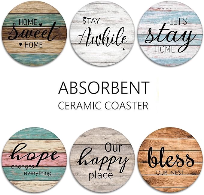 Coasters for Drinks, Ceramic Stone, Wooden | Planks Wood Paint Absorbent Round - Image 6