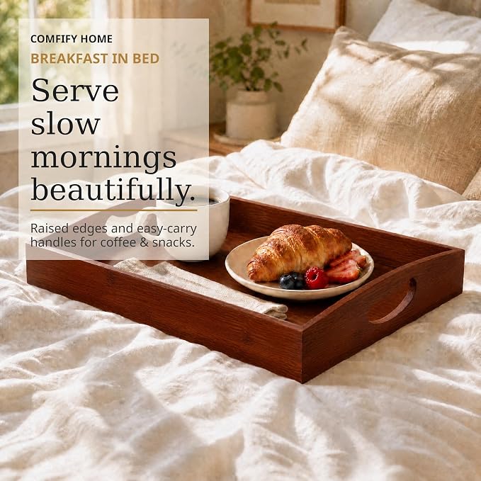 Comfify Dark Brown Bamboo Serving Trays Set of 3 – Nesting Ottoman Trays | - Image 4