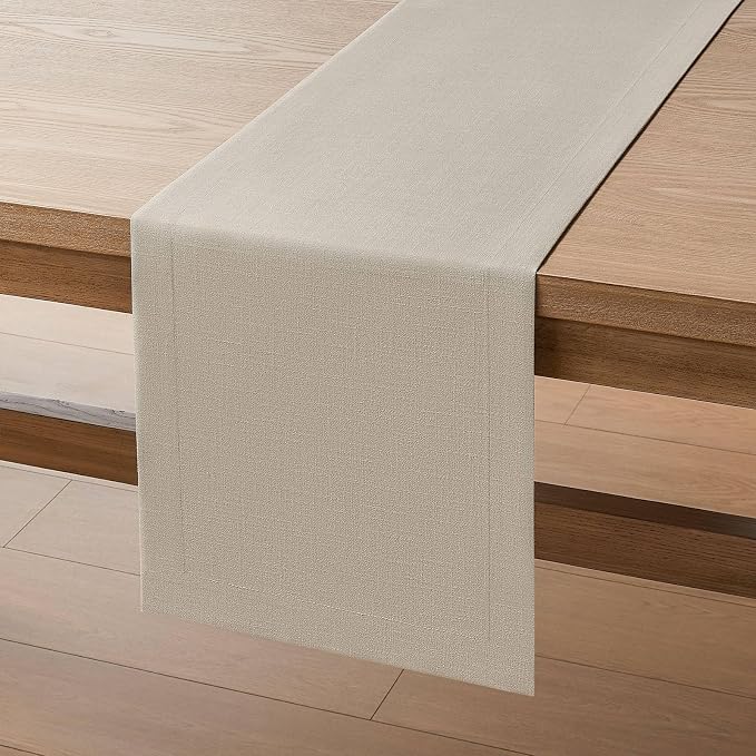Linen Textured Border Table Runner, 14 x 36 Inch Natural | Mitered Corner Design - Image 7