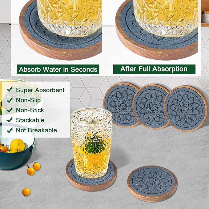 Wood Coasters for Drinks, Absorbent Coaster Sets of 5, Drinks Coasters for - Image 2