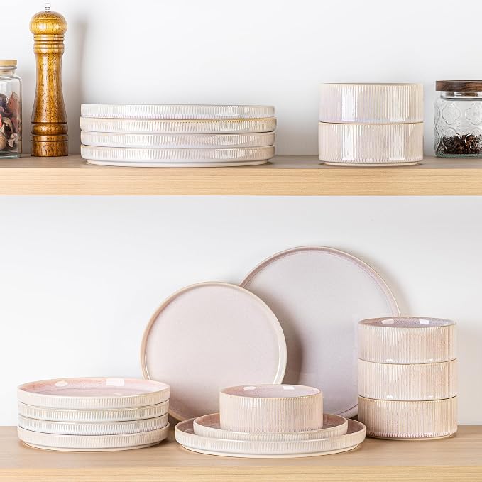 Ceramic Dinnerware Set for 4, 12-Piece Plates and Bowls Set | Lightweight - Image 6