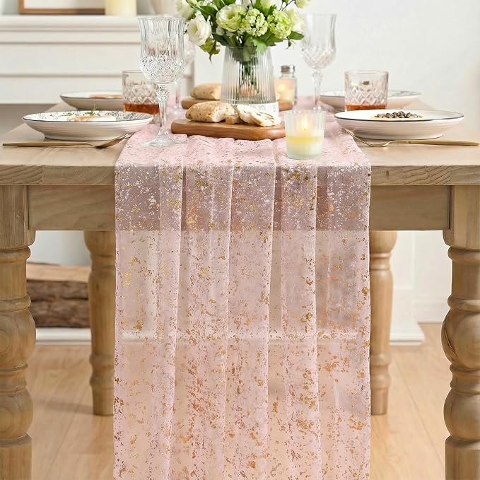 Artoid Mode Gold Gauze Pink Table Runner 120 Inch 10FT, Glitter Metallic Foil - Image 2