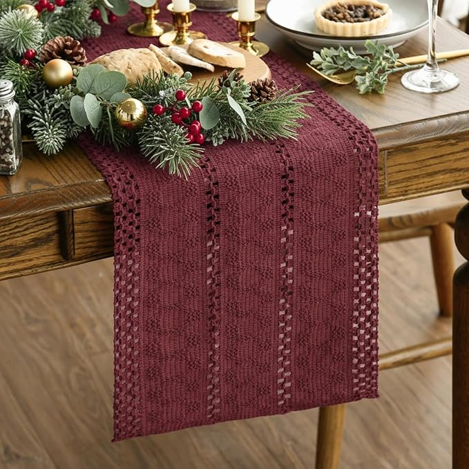 Artoid Mode Red Woven Farmhouse Hollow Table Runner 12x72 Inch | Holiday Rustic - Image 2