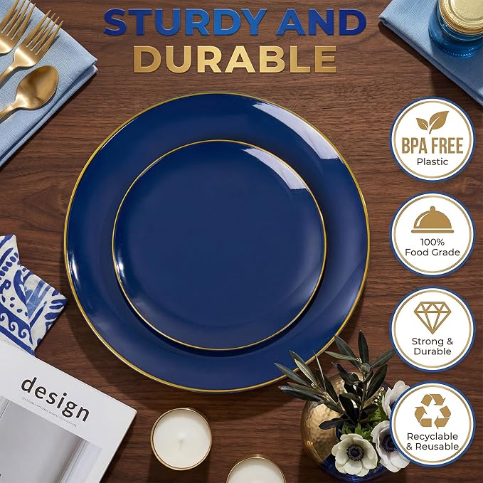 KIRE 350Pcs Blue and Gold Plates -Heavy Duty Navy Blue Dinnerware Set - Image 9