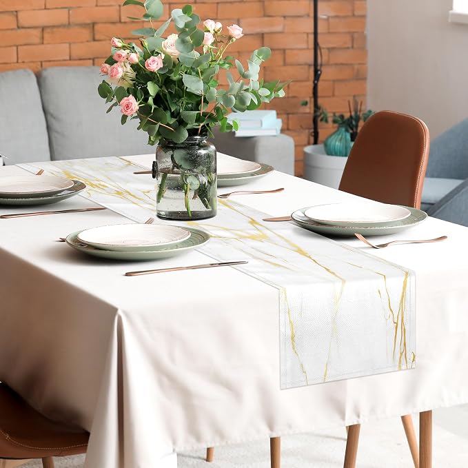 White Gold Table Runner Marble Linen Table Runners, Long Coffee Dresser Runners - Image 2