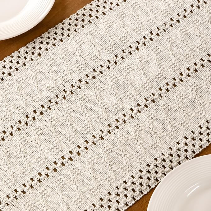 Ivory Boho Table Runner Farmhouse Macrame Woven Table Runner 12x48 Inch | Small - Image 6