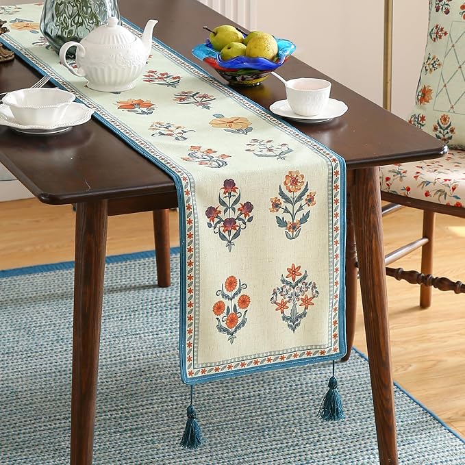 Designer French Linen Extra Long Table Runner, Floral Pattern, Dining Table - Image 2