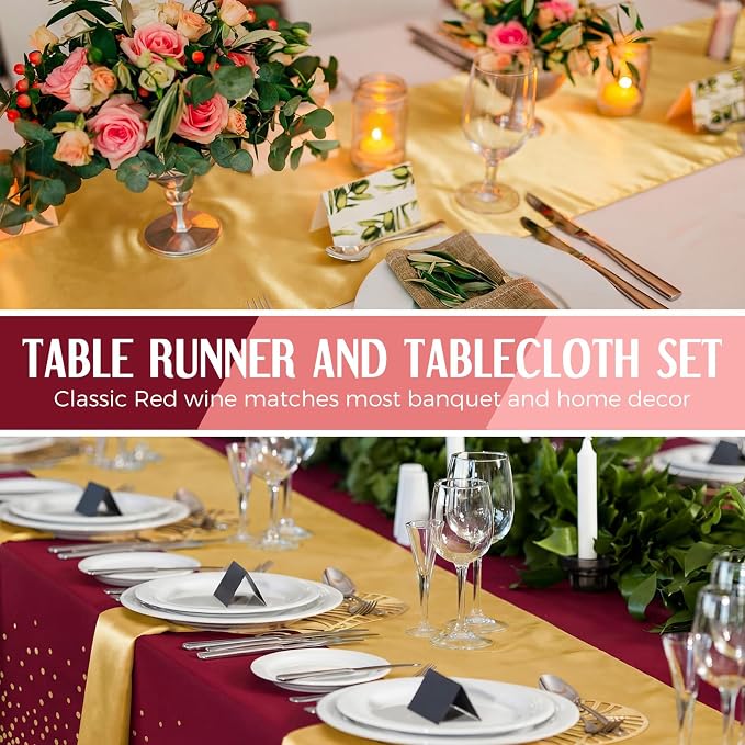8 Pack Burgundy and Gold Disposable Plastic Tablecloths and Satin Table Runner - Image 4