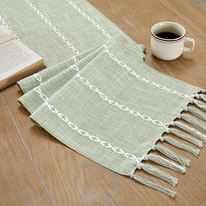 Wracra Rustic Linen Table Runner, Sage Green Table Runners 36 inches Long | - Image 3