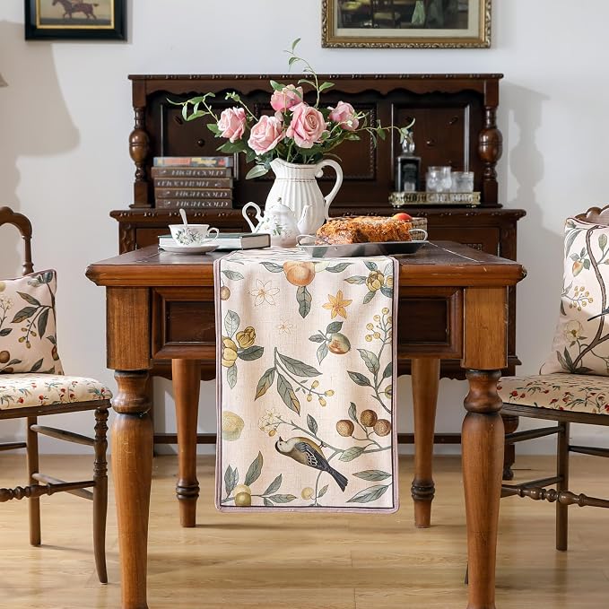 bilin gaier Designer Vintage Linen Table Runner, Floral Fruit Pattern, Dining - Image 2