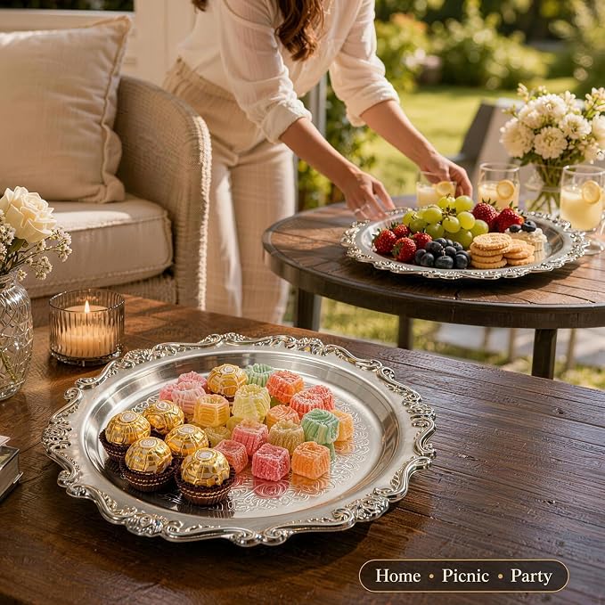Round Silver Tray, Serving Platters, Vintage Metal Dessert Snack Platter - Image 7