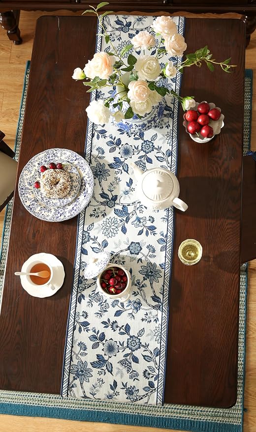 bilin gaier Designer French Linen Small Table Runner, Floral Pattern, Dining - Image 8