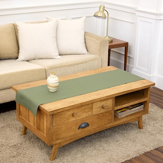 Solino Home 100% Pure Linen Table Runner Oil Green Woven, Fete 14 x 48 in | by SolinoHome