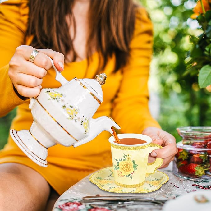 24 Sets Floral Paper Tea Cups and Saucers Disposable Tea Party Supplies - Image 5