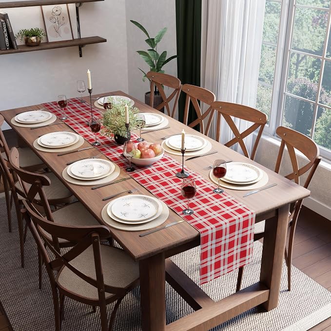 Encasa XO Table Runner, Woven Cotton Dining Runner 13"x72" | Franca Red Checks - Image 9