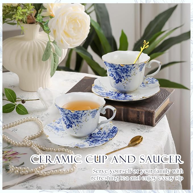 TATSUMI Country Roses Bone China Tea Cup and Saucer Set, 6 Pieces, Vintage Style - Image 4