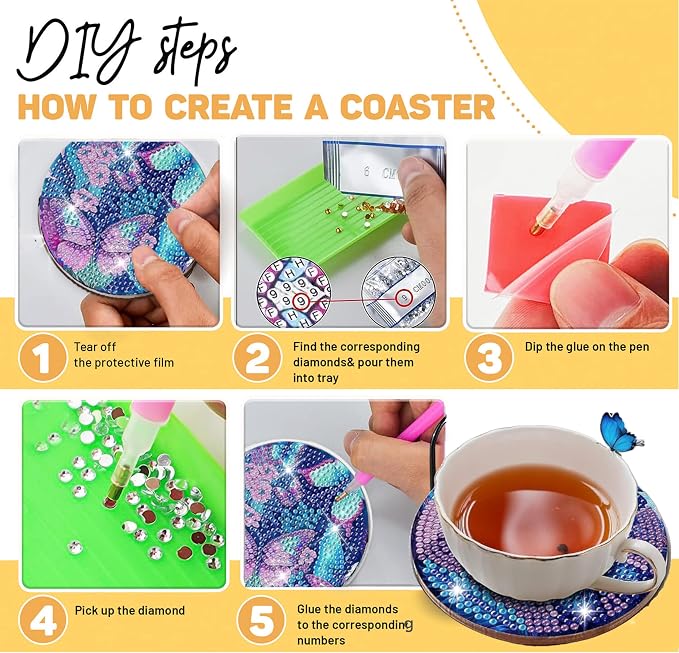 8 pcs Diamond Painting Coasters | Diamond Art Coasters | Blue Butterfly Diamond - Image 5