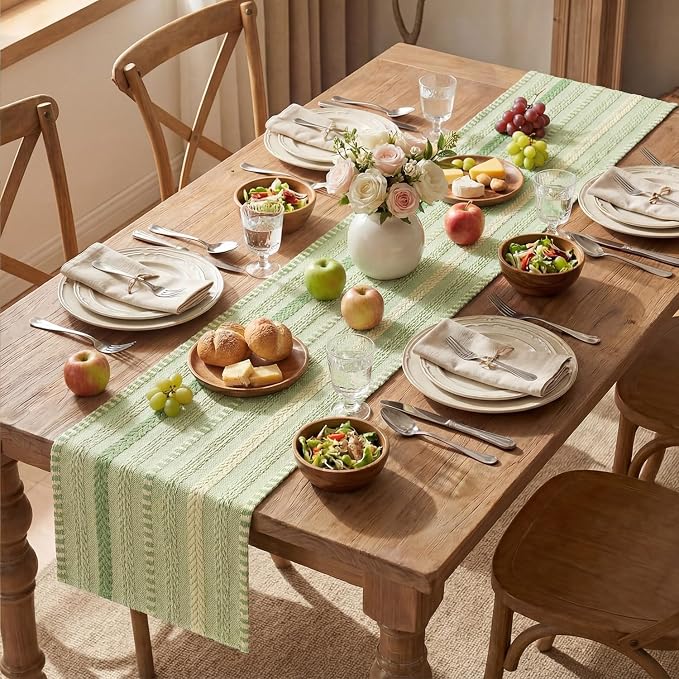 Artoid Mode Sage Green Farmhouse Stripe Braided Table Runner 12x90 Inch | - Image 5