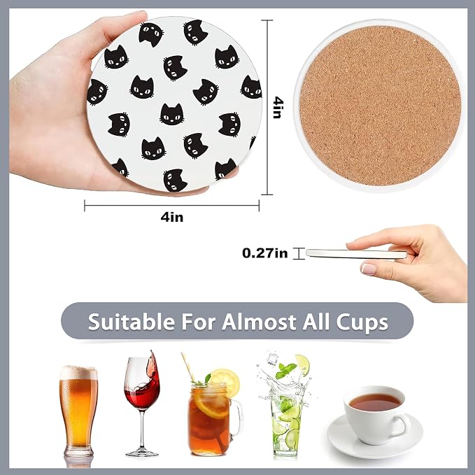 Drink Coasters Set of 6 with Holder, Cute Black Cat Absorbent Ceramic Coasters - Image 2