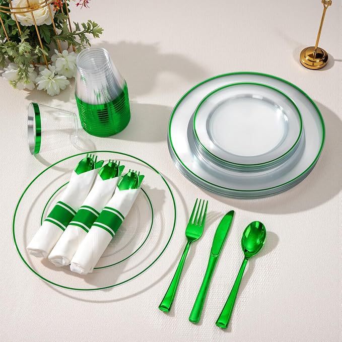 SUT 350 Pcs Green and Clear Plastic Dinnerware Set - Image 8