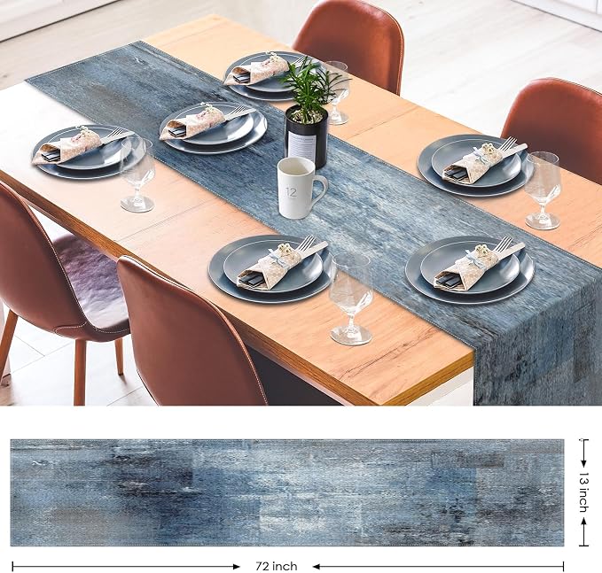 Emvency Table Runner, 13x90 Inch, Farmhouse Abstract Denim | Blue Art Painting - Image 3
