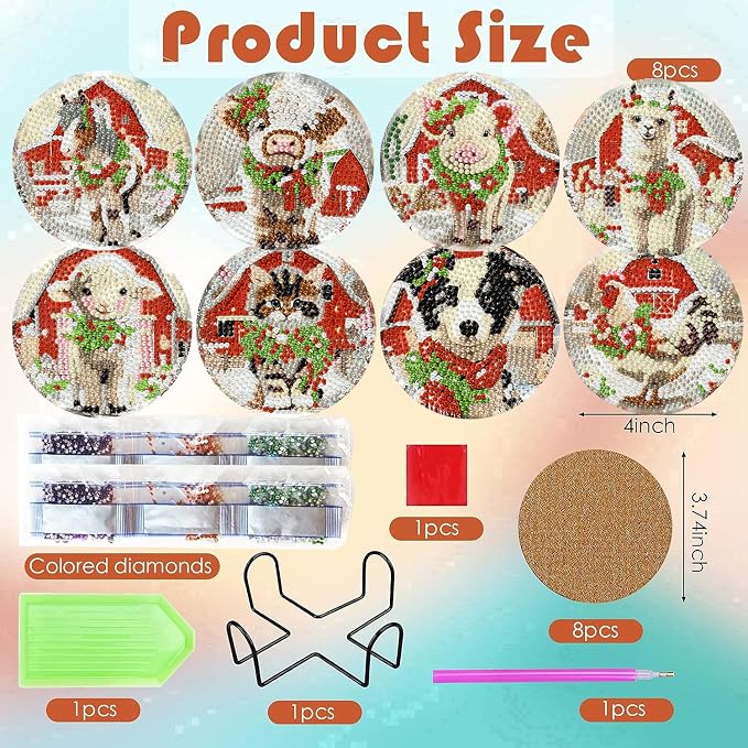 8 Pack Christmas Diamond Art Coasters Kits, 4x4 inch | Christmas Animal Diamond - Image 3