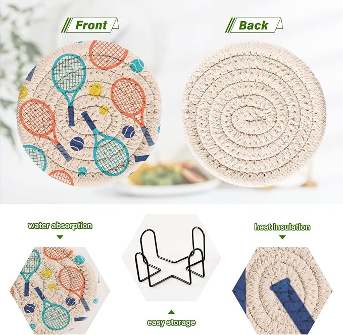 Tennis Balls Print Coasters for Drinks Set of 6 Absorbent Woven Drink Coaster - Image 4