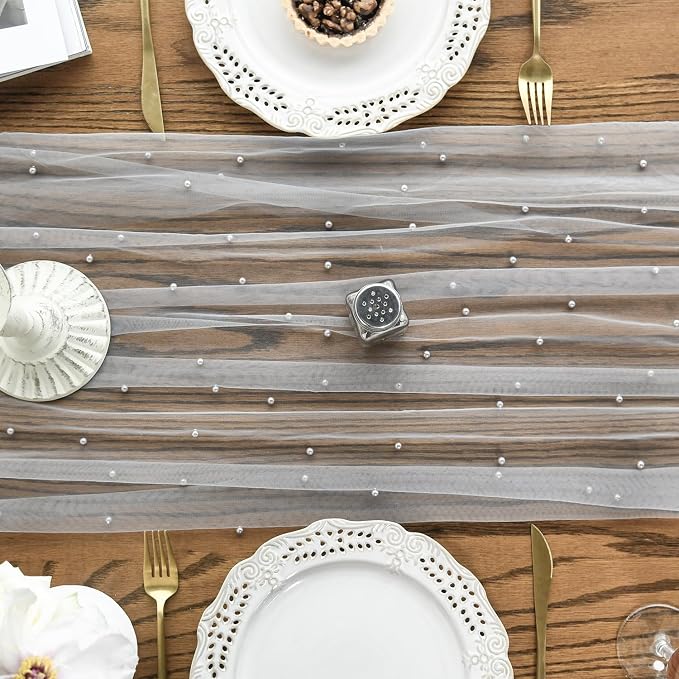 Artoid Mode Pearl Grey Gauze Table Runner 59x120 Inch, Seasonal Sheer Kitchen - Image 2