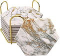 Coasters Set of 8 with Metal Holder Stand, Marble Design Ceramic Coaster Set by Hommtina
