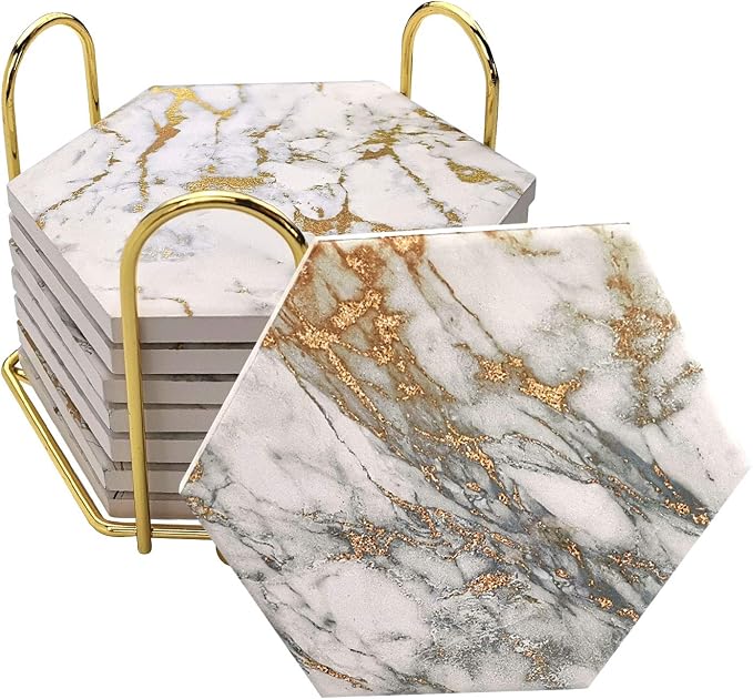 Coasters Set of 8 with Metal Holder Stand, Marble Design Ceramic Coaster Set by Hommtina