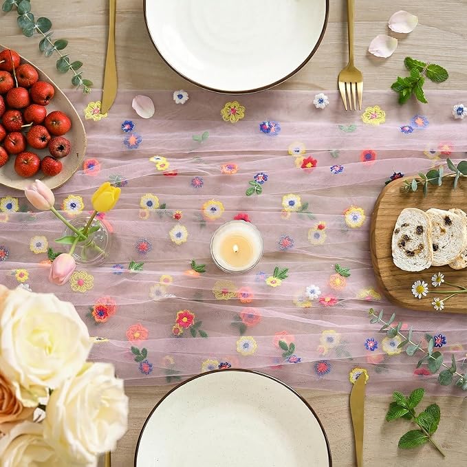 Artoid Mode Pink Embroidery Daisy Gauze Table Runner 120 Inch 10FT | Seasonal - Image 2