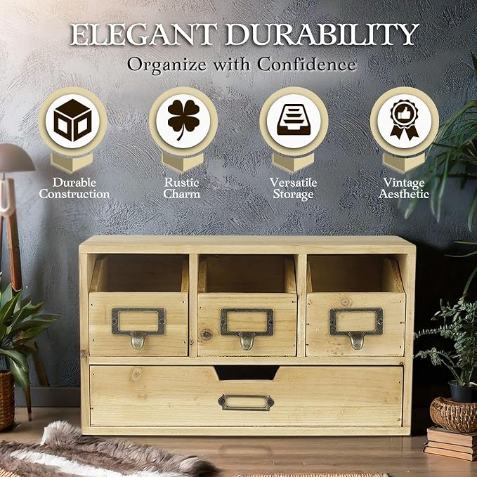 Flexzion Wooden Apothecary Drawers, 4-Drawer Desktop Organizer Cabinet | - Image 8