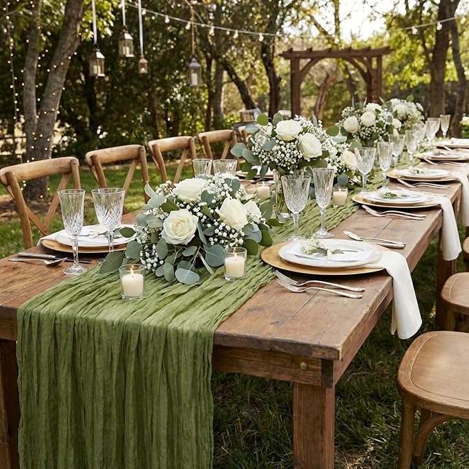 8 Pack Olive Green Cheesecloth Table Runner 120 Inch Boho Wedding Decor | - Image 7