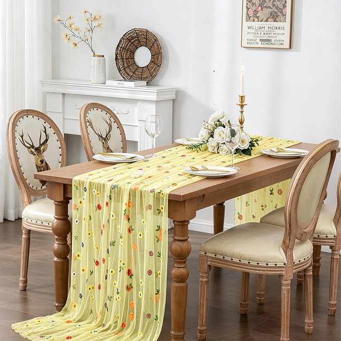 BINBE 1pcs Daisy Spring Table Runner Embroidery Gauze 10FT Florals Seasonal - Image 3