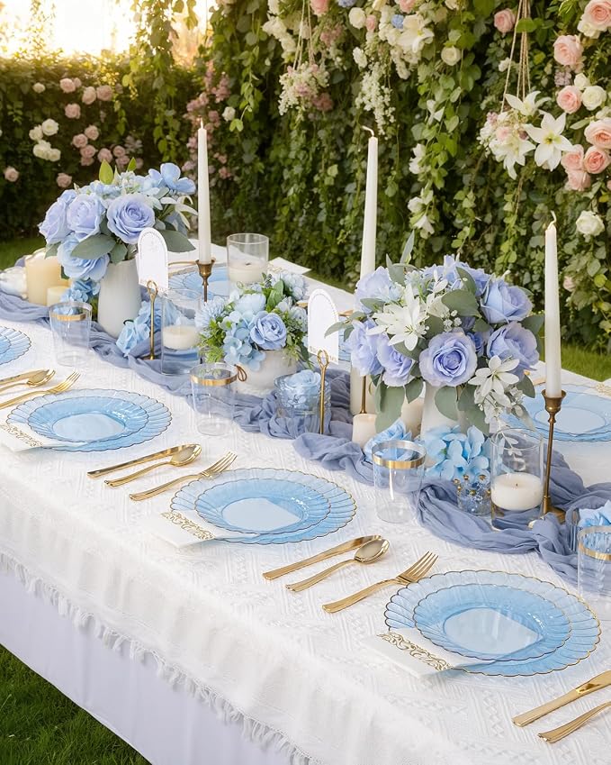 YOUBET 175PCS Clear Blue Scalloped Plastic Plates - Image 4