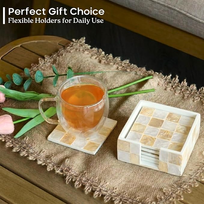 4" Capiz Shell Mosaic Square Coasters Set 6 - Image 6
