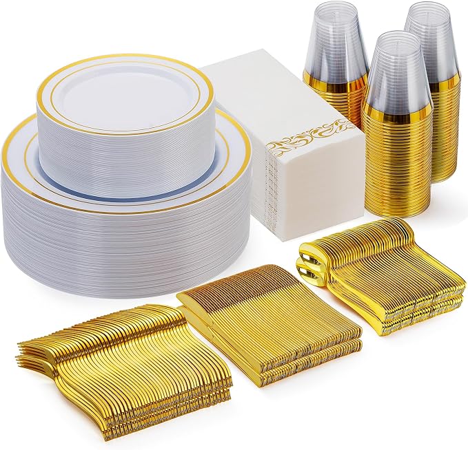 350 Pcs Gold Dinnerware Sets for 50 Guests, Disposable Plate Sets | for Party by GoodLuck