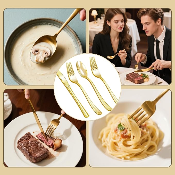 Zcaukya 200 Pieces Gold Plastic Silverware Set | Disposable Cutlery, 100 Forks - Image 7