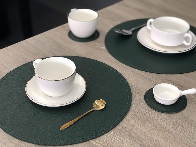Jovono Faux Leather Round Placemats and Coasters, Wipeable Table Mats, Double - Image 5