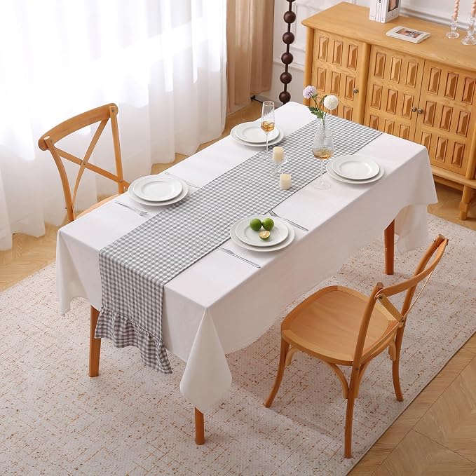 Grey White Plaid Gingham Ruffle Table Runner 72 inches Long 100% Washed Cotton - Image 2
