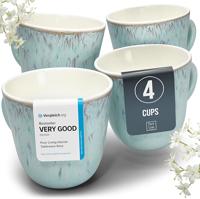 Stoneware Coffee Mug Set of 4, Stylish Modern Beige-Blue Cups, 14.5 Oz Ceramic by PURELIVING