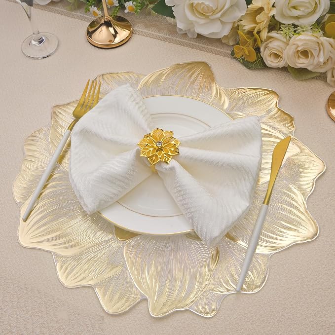Gold Placemats Set of 6, Creative 3D Flower Placemats Waterproof Oil-Proof | - Image 3